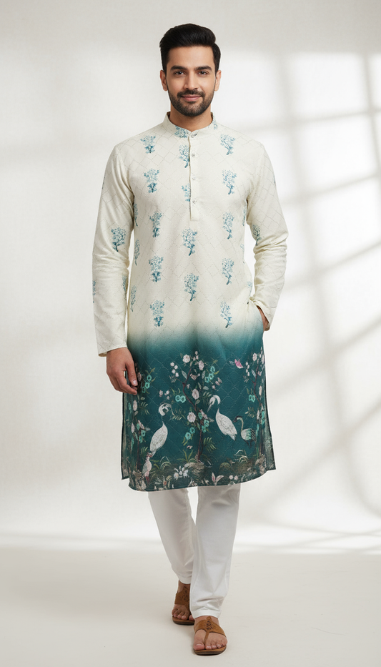 Navratri Special Men's Kurta – Elegant Cream & Teal Designer Wear