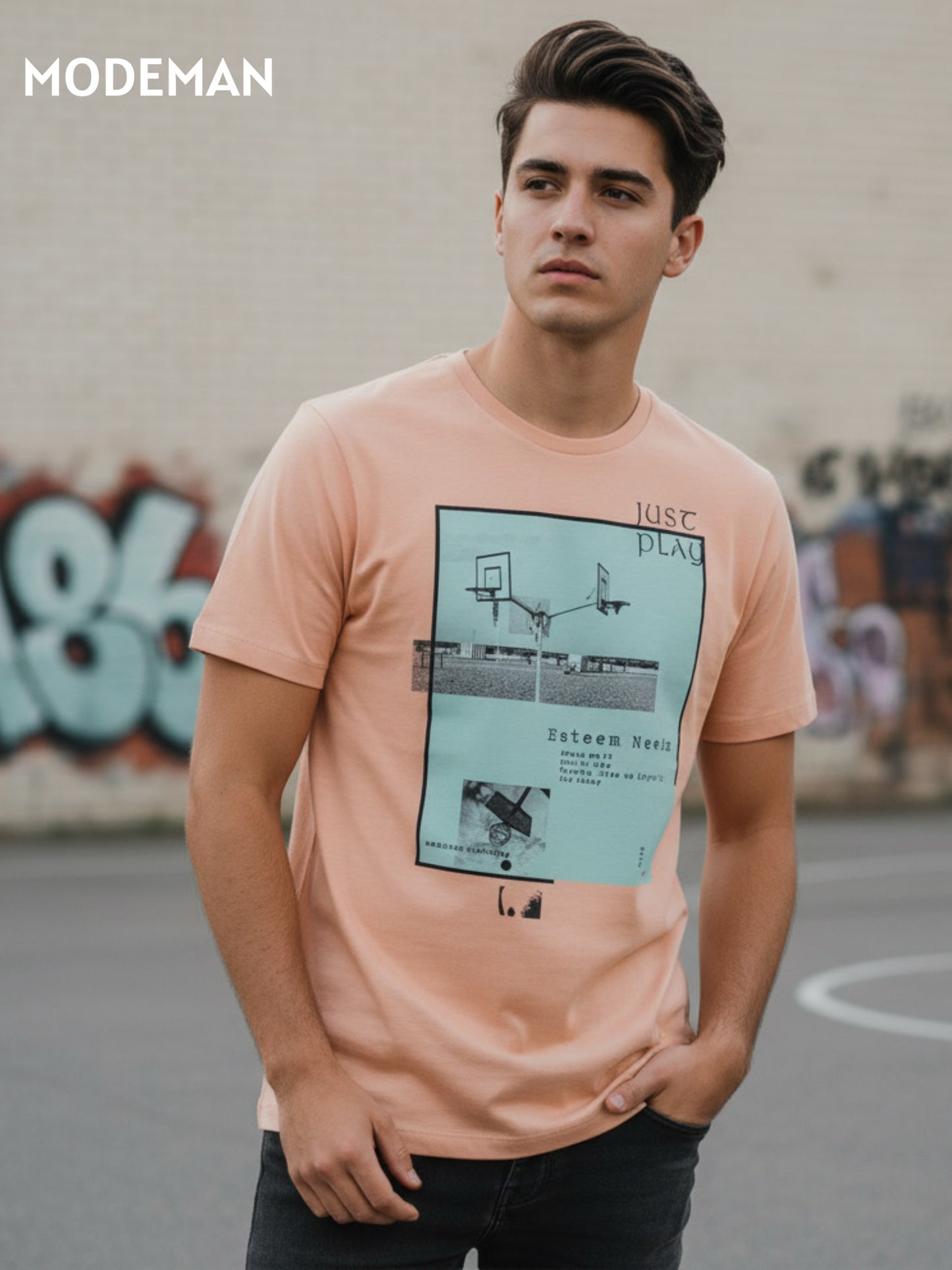 Men’s Peach Graphic Print Casual T-Shirt