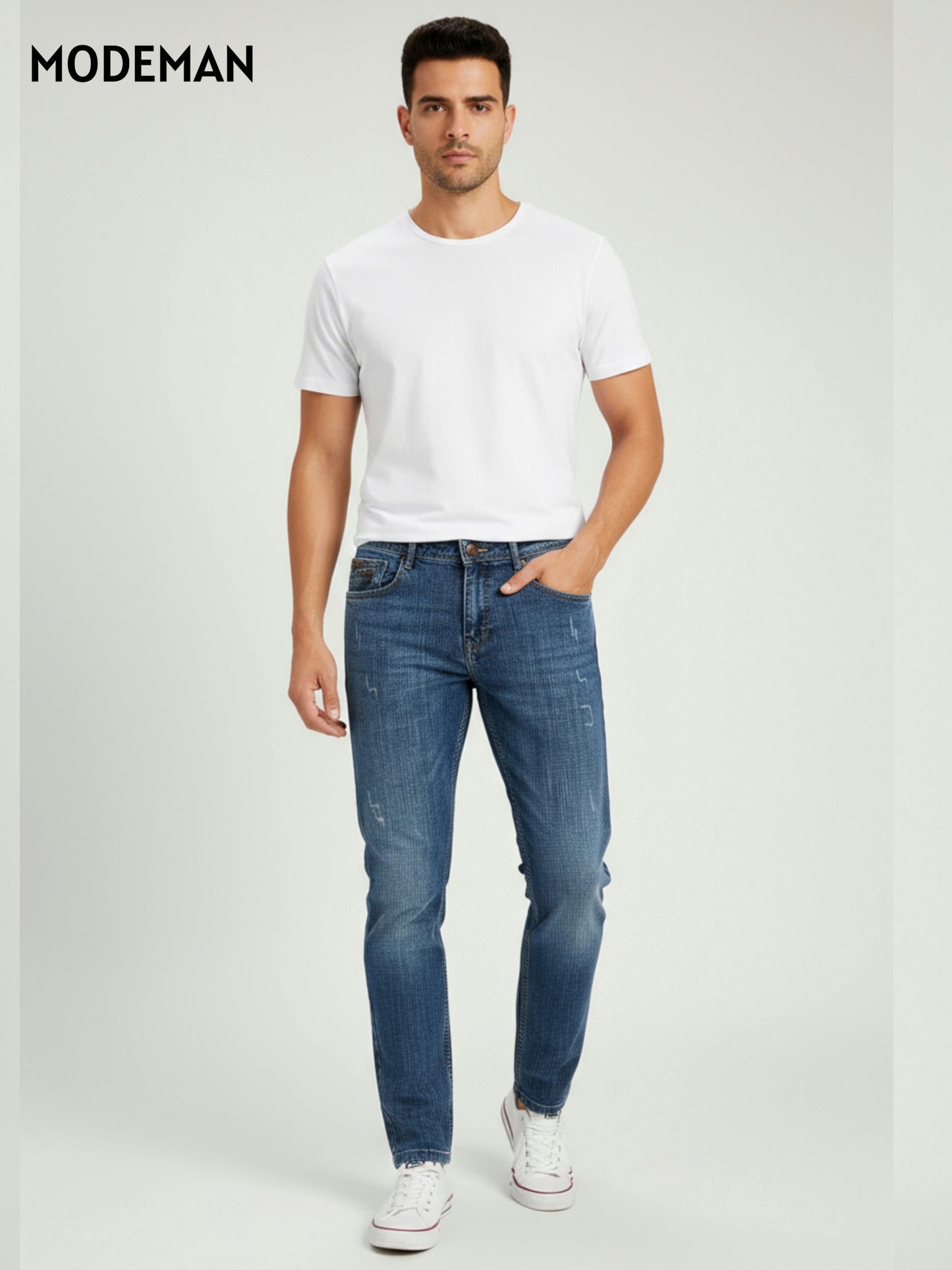 Men’s Blue Washed Straight Fit Jeans laser Cut