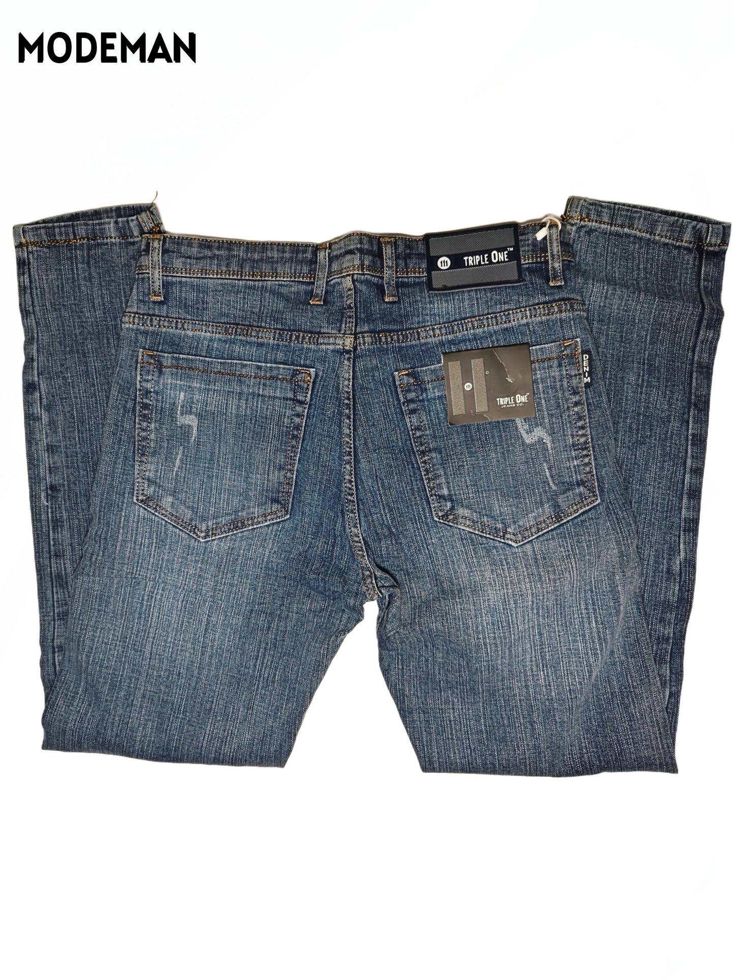 Men’s Blue Washed Straight Fit Jeans laser Cut