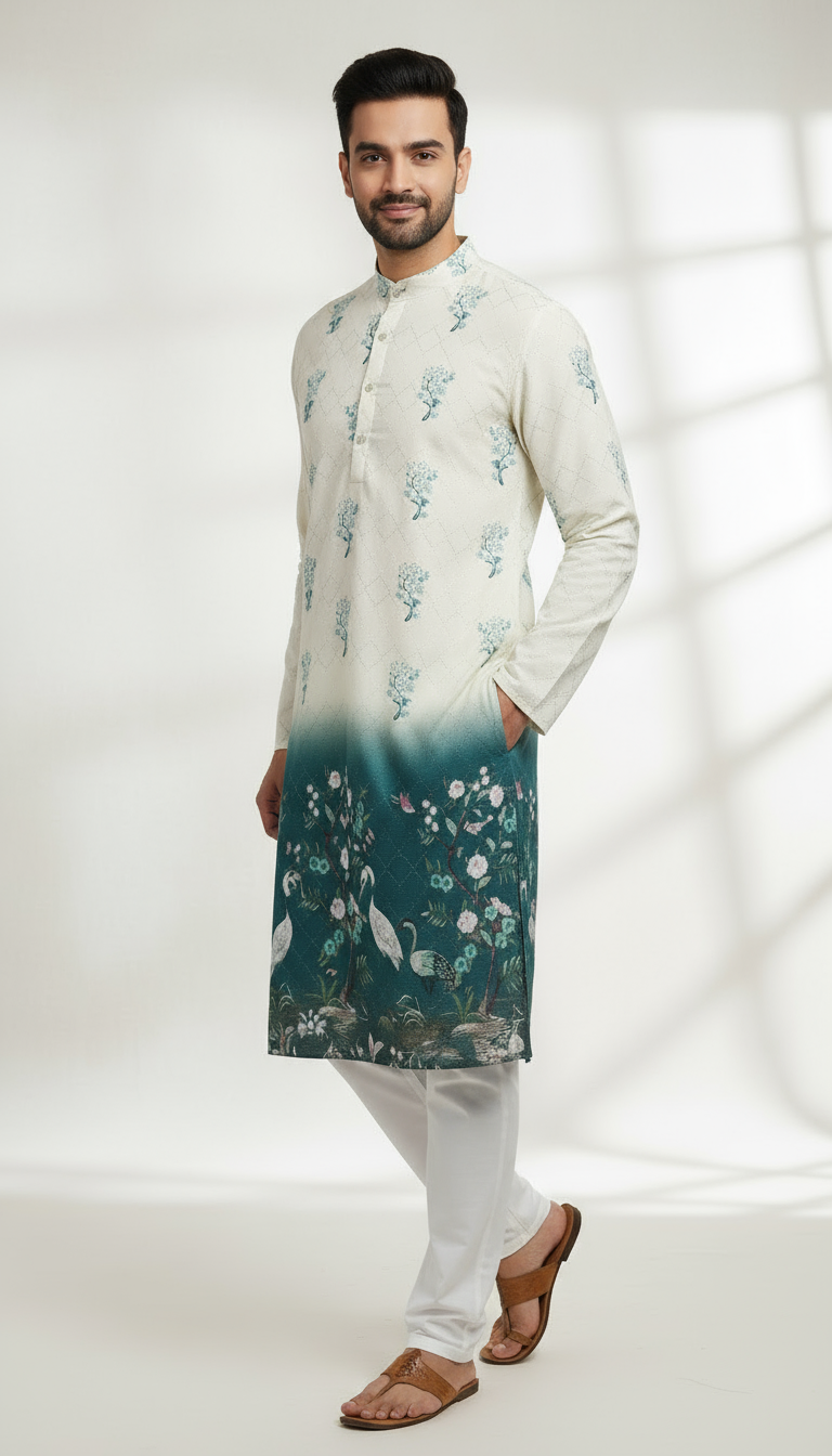 Navratri Special Men's Kurta – Elegant Cream & Teal Designer Wear