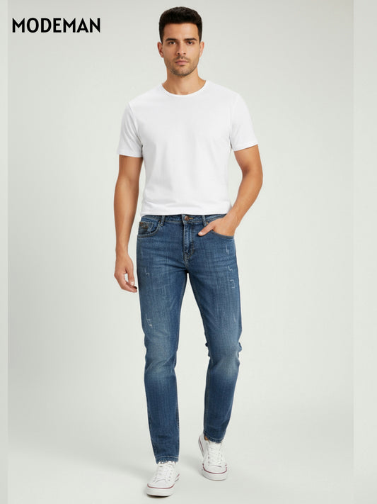 Men’s Blue Washed Straight Fit Jeans laser Cut