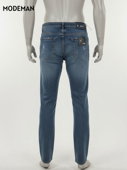 Men’s Blue Washed Straight Fit Jeans laser Cut