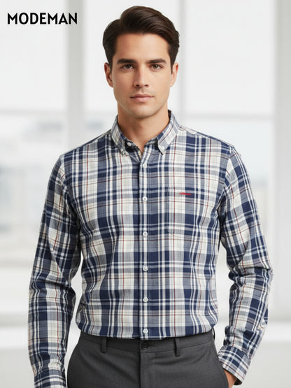 Men’s Navy Blue & White Checked Casual Shirt – Cotton Blend