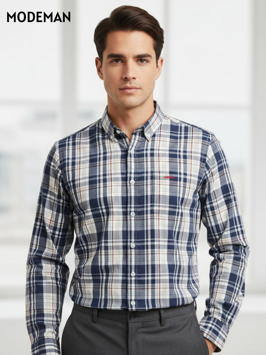 Men’s Navy Blue & White Checked Casual Shirt – Cotton Blend