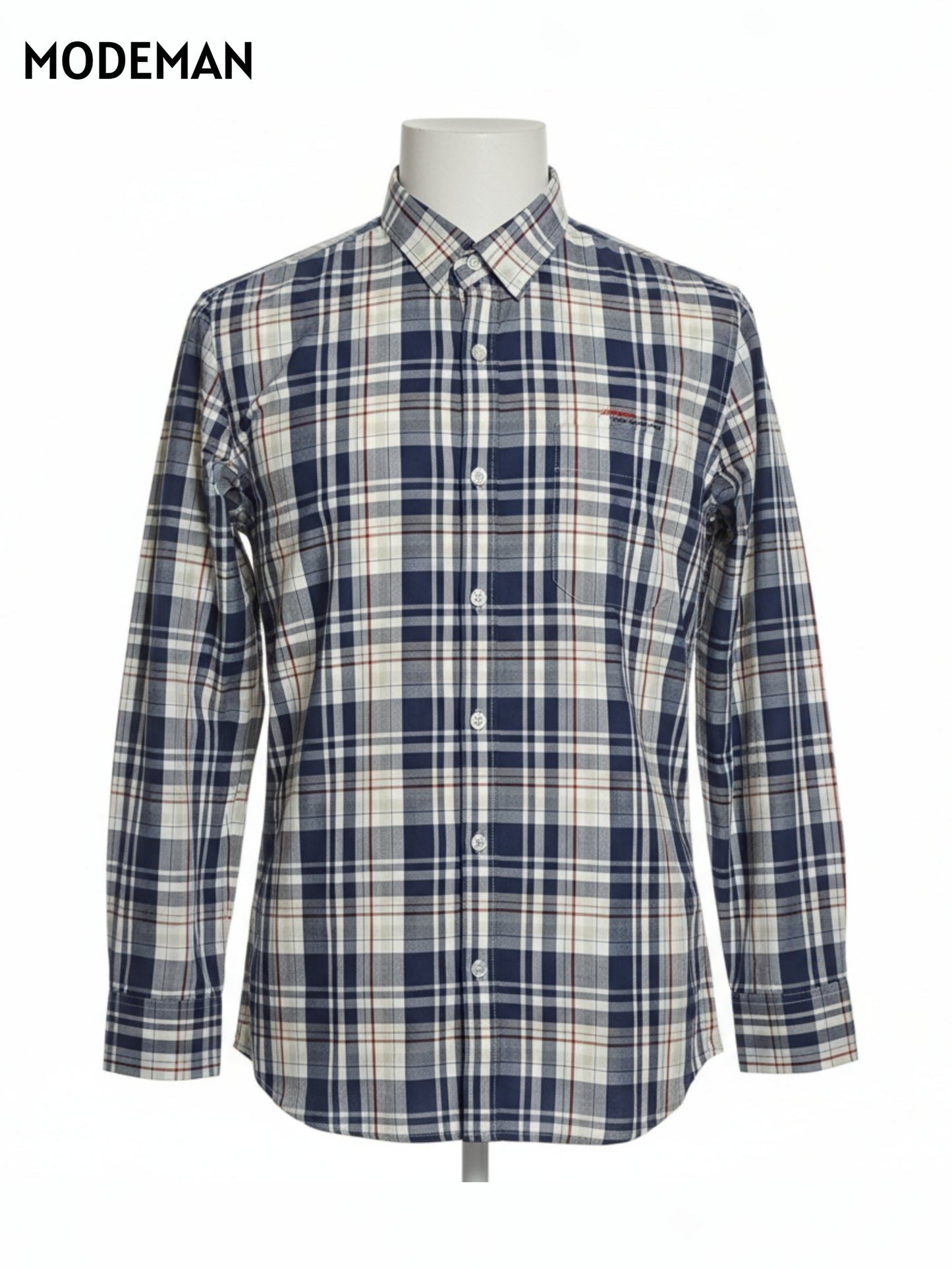 Men’s Navy Blue & White Checked Casual Shirt – Cotton Blend