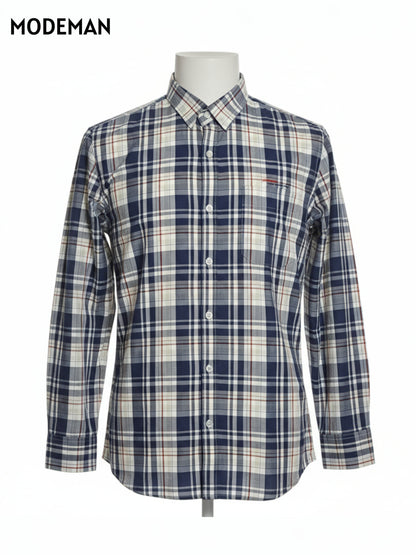 Men’s Navy Blue & White Checked Casual Shirt – Cotton Blend