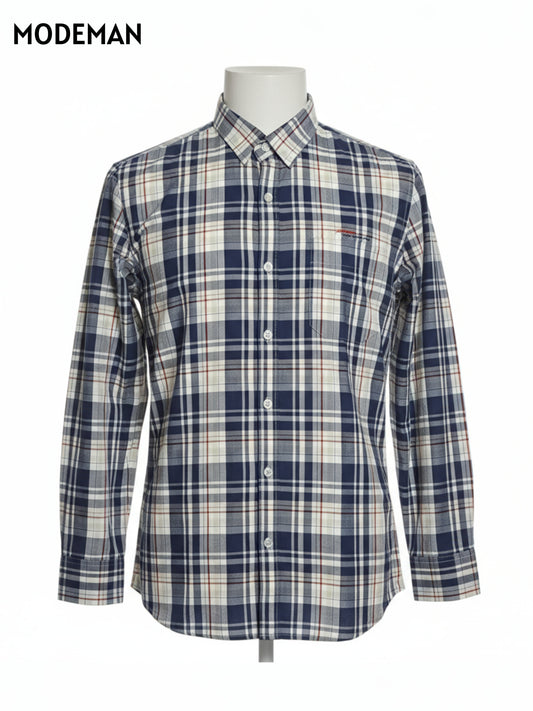 Men’s Navy Blue & White Checked Casual Shirt – Cotton Blend